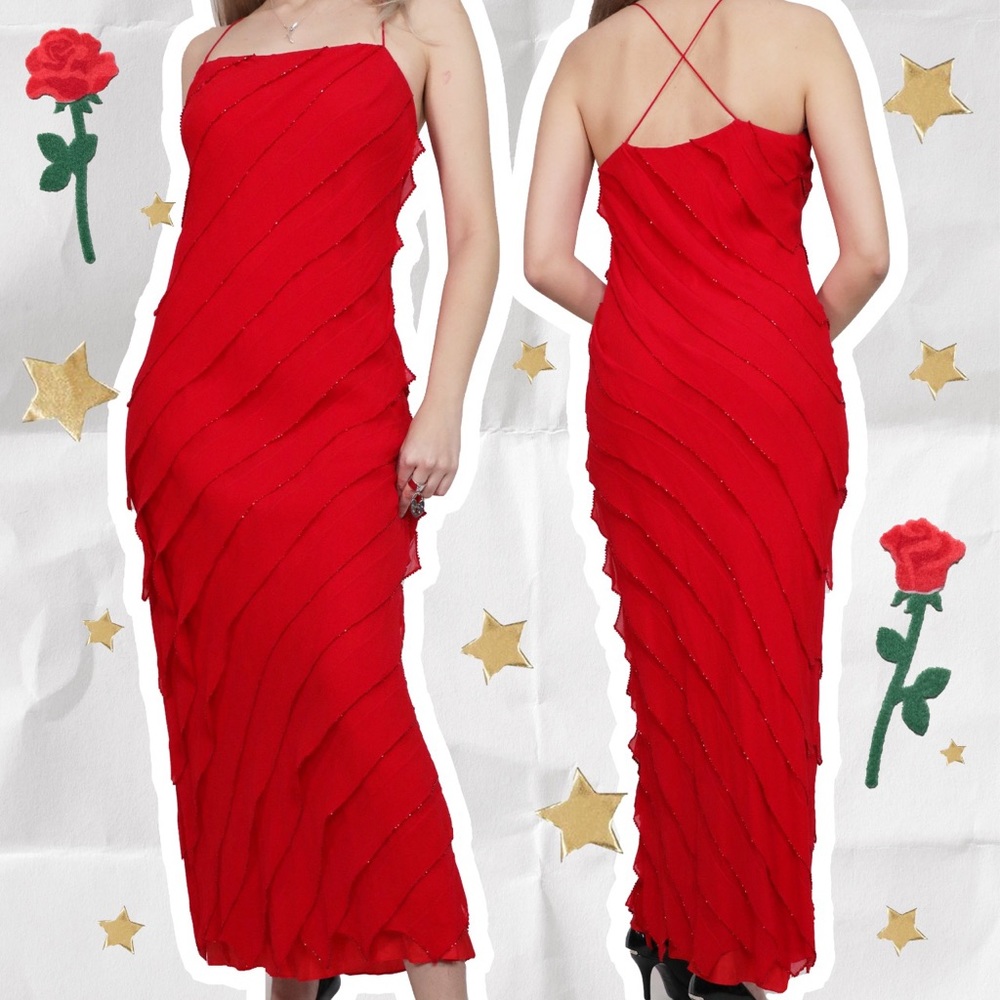 90s BEADED RED PROM DRESS